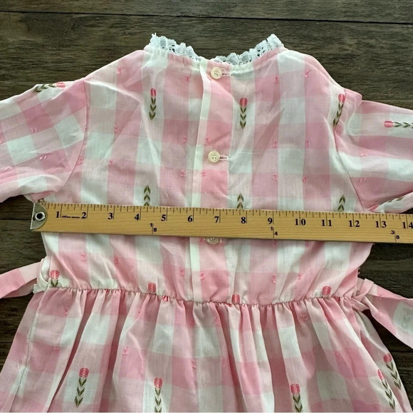 Vintage Sears Girls size 6X Perma Prest Pink Gingham Ruffle Party Dress Floral - Picture 9 of 11